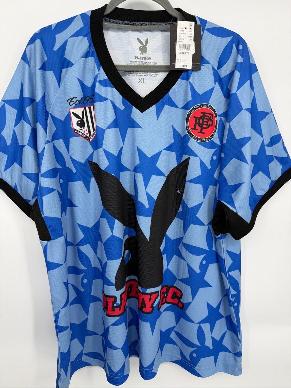 PLAYBOY Blue Star Pattern Men's Jersey with Black Bunny Logo